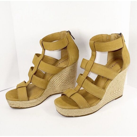 Lucky Brand Strappy Wedge Espadrille Platform Boho Tan Leather Gladiator 8/38 - Picture 1 of 16